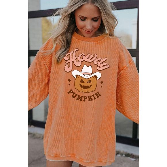 Azura Exchange Orange Howdy Pumpkin Halloween Graphic Corded Sweatshirt - Picture 3 of 8